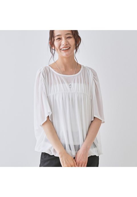 【洗える／体型カバー】シャーリングシアートップス ホワイト - 6