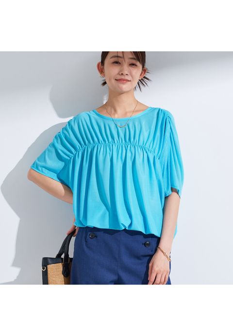 【洗える／体型カバー】シャーリングシアートップス ブルー - #1