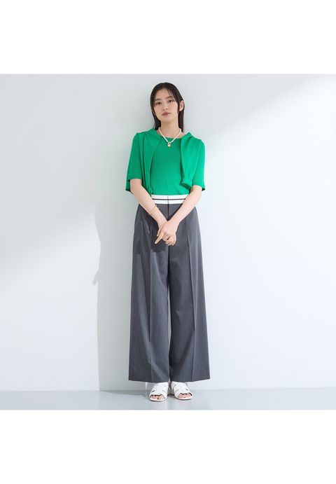 【インナーで活躍／アンサンブル】クルーネック半袖ニット グリーン - 5