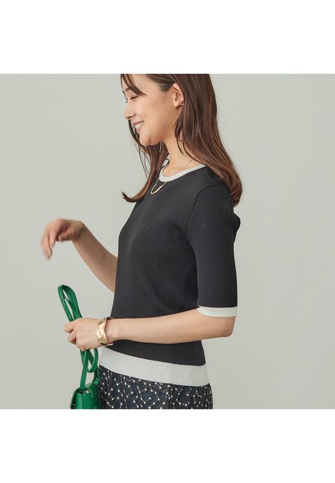 【インナーで活躍／アンサンブル】クルーネック半袖ニット グリーン - 7