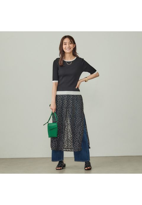 【インナーで活躍／アンサンブル】クルーネック半袖ニット グリーン - 8