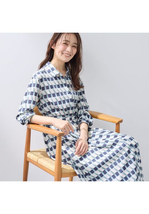 【洗える／2WAY】ベルト付き ジオメトリック柄 シャツワンピース ネイビー - #1