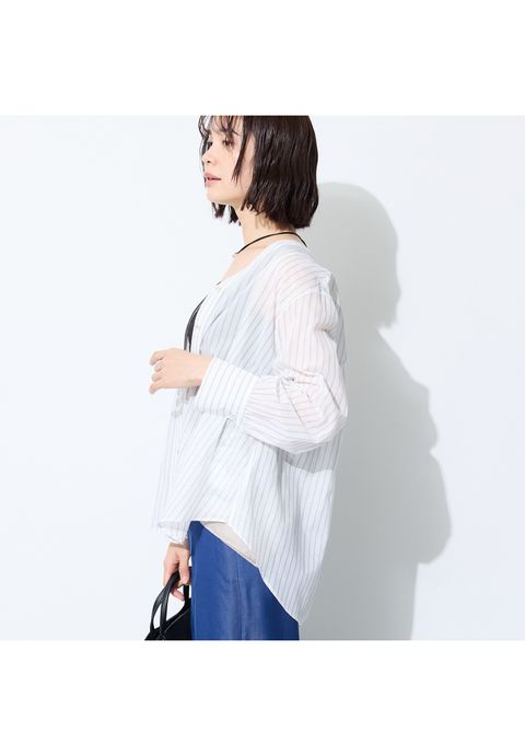 【洗える／軽やか】無地＆ストライプ柄 切替タックブラウス ブラック - 8