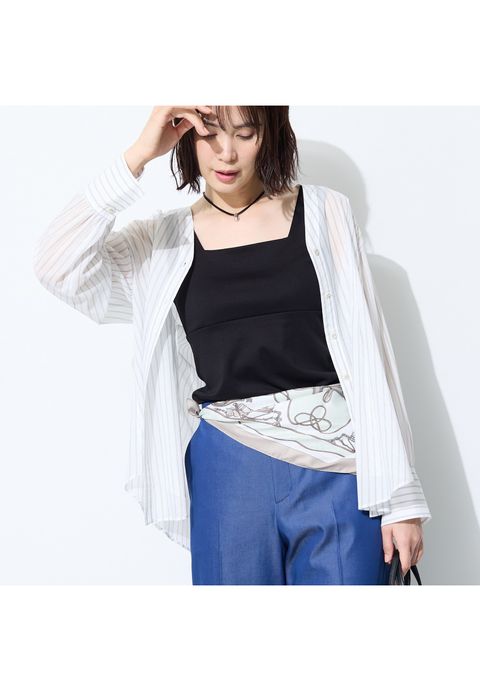 【洗える／軽やか】無地＆ストライプ柄 切替タックブラウス ホワイト - 7